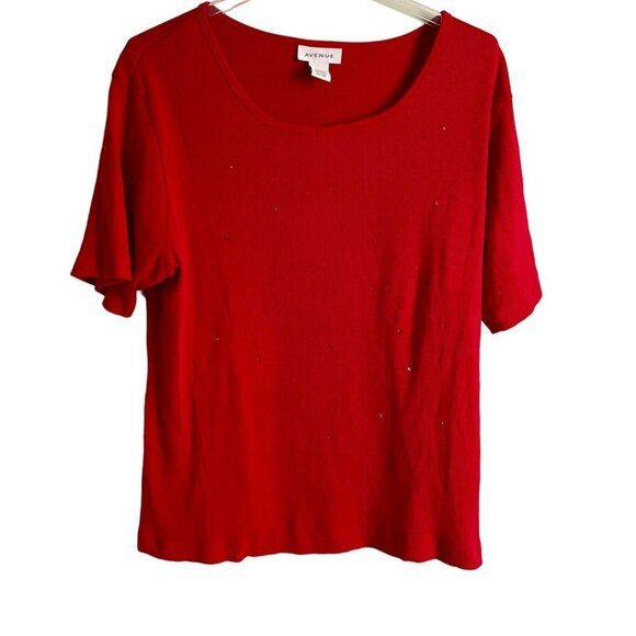 Avenue Red Ribbed Short Sleeve Top with Subtle Sparkle Women's Size 18 20 - Picture 1 of 8